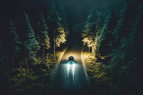 The car is driving on the road at night in the forest